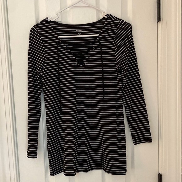 Old Navy black and white stripe top with cross lace front - Picture 1 of 5